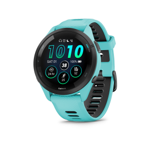 Forerunner® 265, Black Bezel with Aqua Case and Aqua/Black Silicone Band