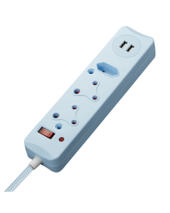 SWITCHED 3 Way Surge Protected Multiplug with Dual 2.4A USB Ports, 0.5M Braided Cord Blue