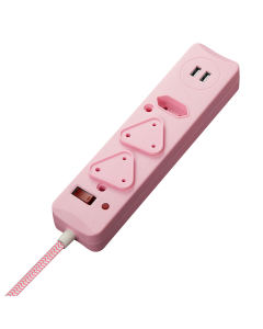 SWITCHED 3 Way Surge Protected Multiplug with Dual 2.4A USB Ports, 0.5M Braided Cord Pink